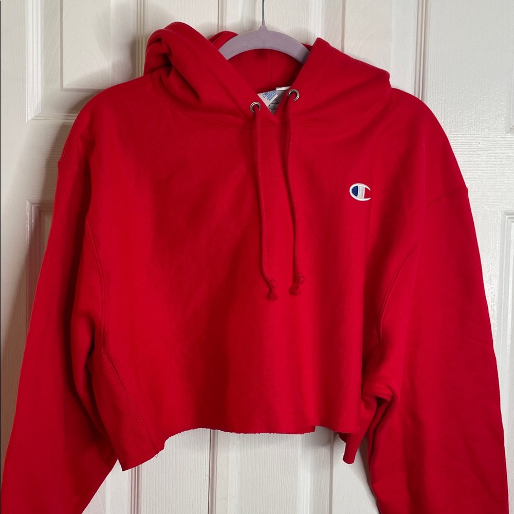 CHAMPION REVERSE WEAVE CROPPED CUT OFF HOODIE W/CUFFS RED SIZE M